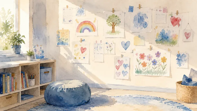 muro con dibujos infantiles y materiales de arte sobre una mesa de taller