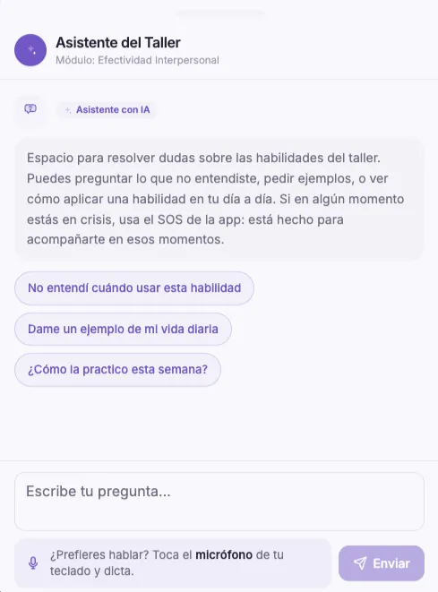 La pantalla del asistente del taller, con su presentación y tres preguntas sugeridas sobre la habilidad de la sesión.