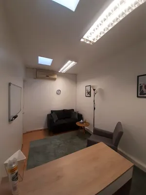Un box de atención pequeño, con un sofá, una pizarra blanca y luz que entra por el techo.