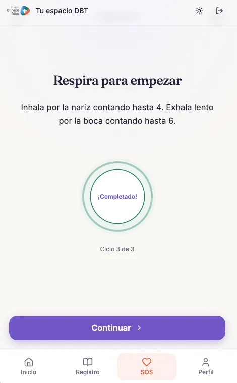 El ejercicio de respiración guiado de la sección de crisis, con el contador de ciclos completado.