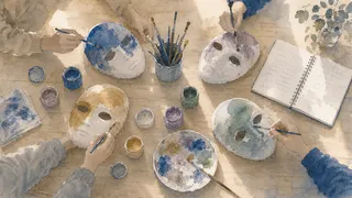 máscaras de papel maché y pinturas sobre una mesa de arteterapia