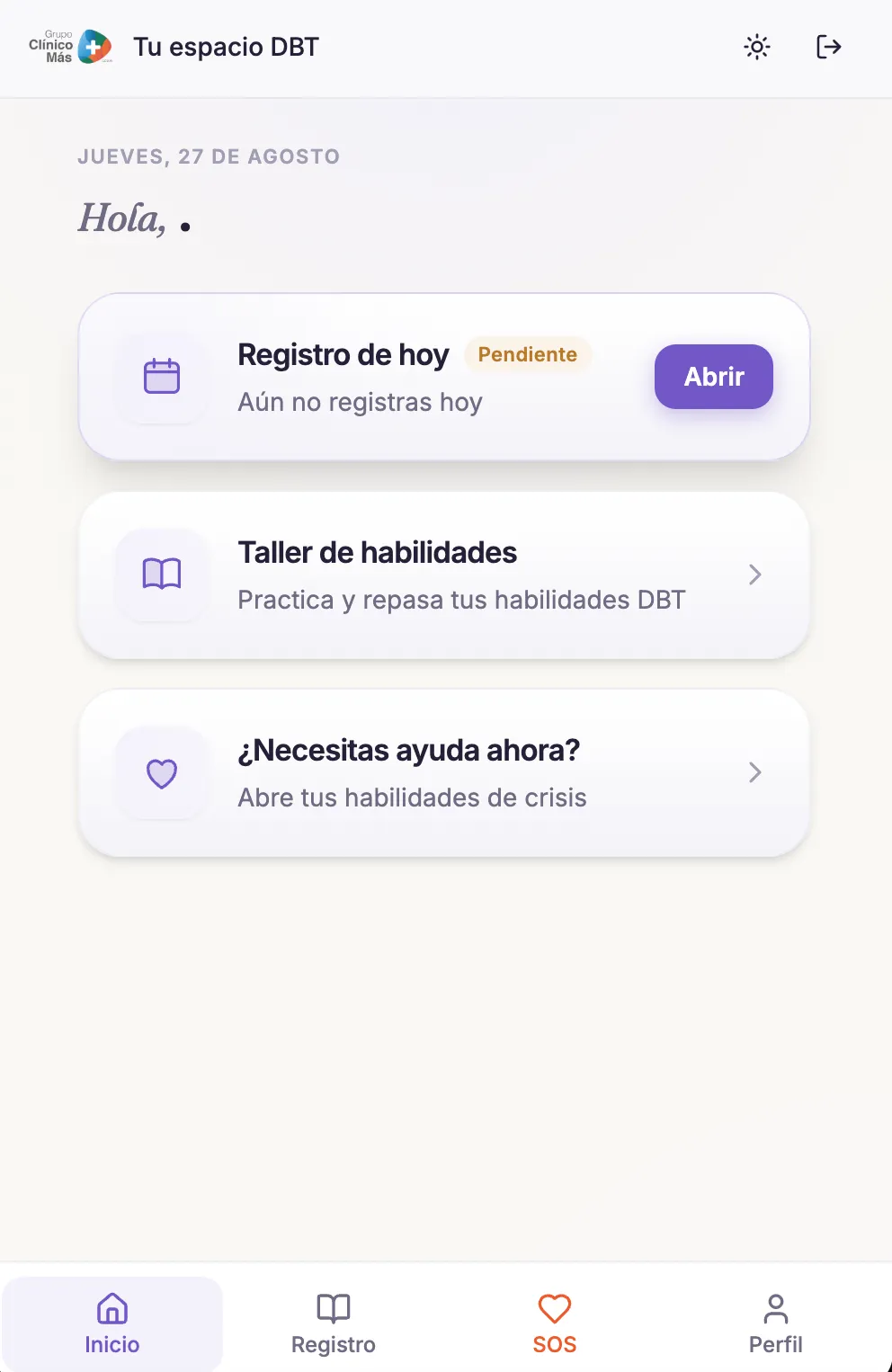 La pantalla de inicio de la aplicación, con el registro del día y el acceso al material del programa.