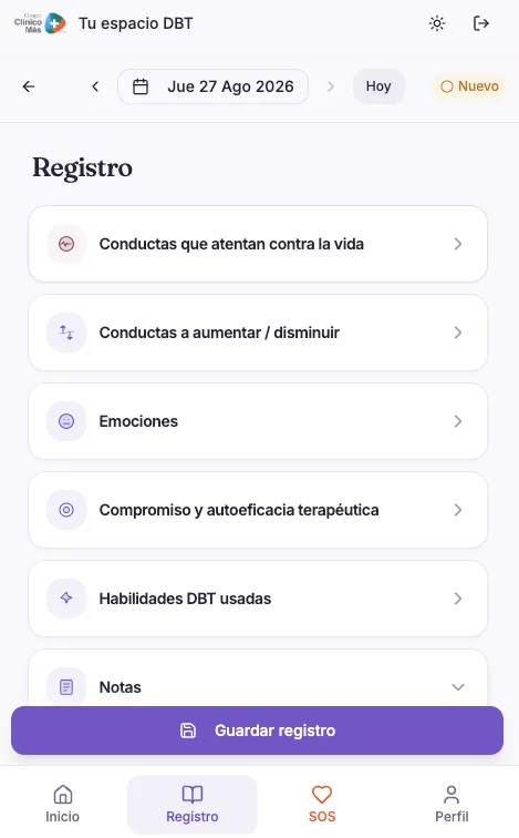 La pantalla de registro diario, con los campos de emociones, riesgo, habilidades usadas y notas.