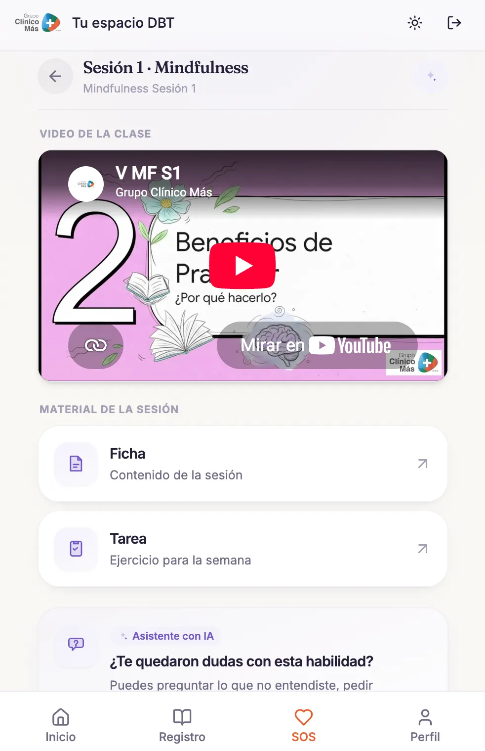 La pantalla de una sesión del taller, con el video de la clase, la ficha de trabajo y la tarea.